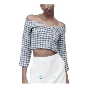 Zara Blue and White Tweed Off-Shoulder Crop Top - Small